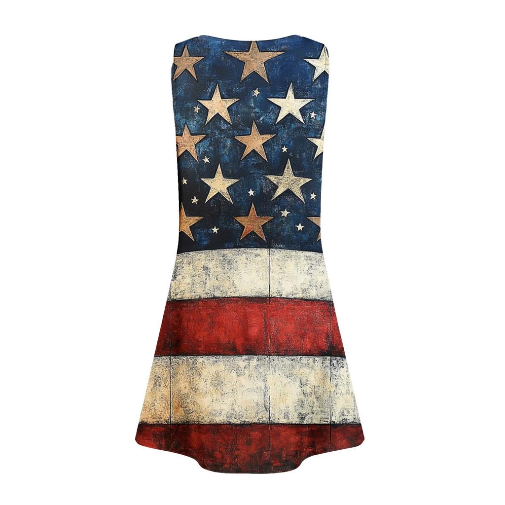 Women's Summer Casual Square Neck Independence Day Printed Dress Sleeveless Dress With Pockets