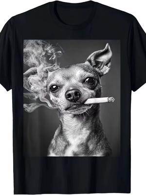 Smoking Dog Chihuahua Funniest Meme T-Shirt Vintage Crew Neck Short Sleeve All-Season Wear - Men's Summer Cotton Graphic Tee