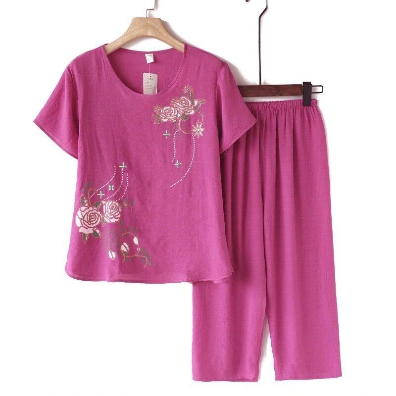Women's Summer Cotton Linen Short-Sleeved Two-Piece Set: Grandma Mom Pajama Top and Pants.