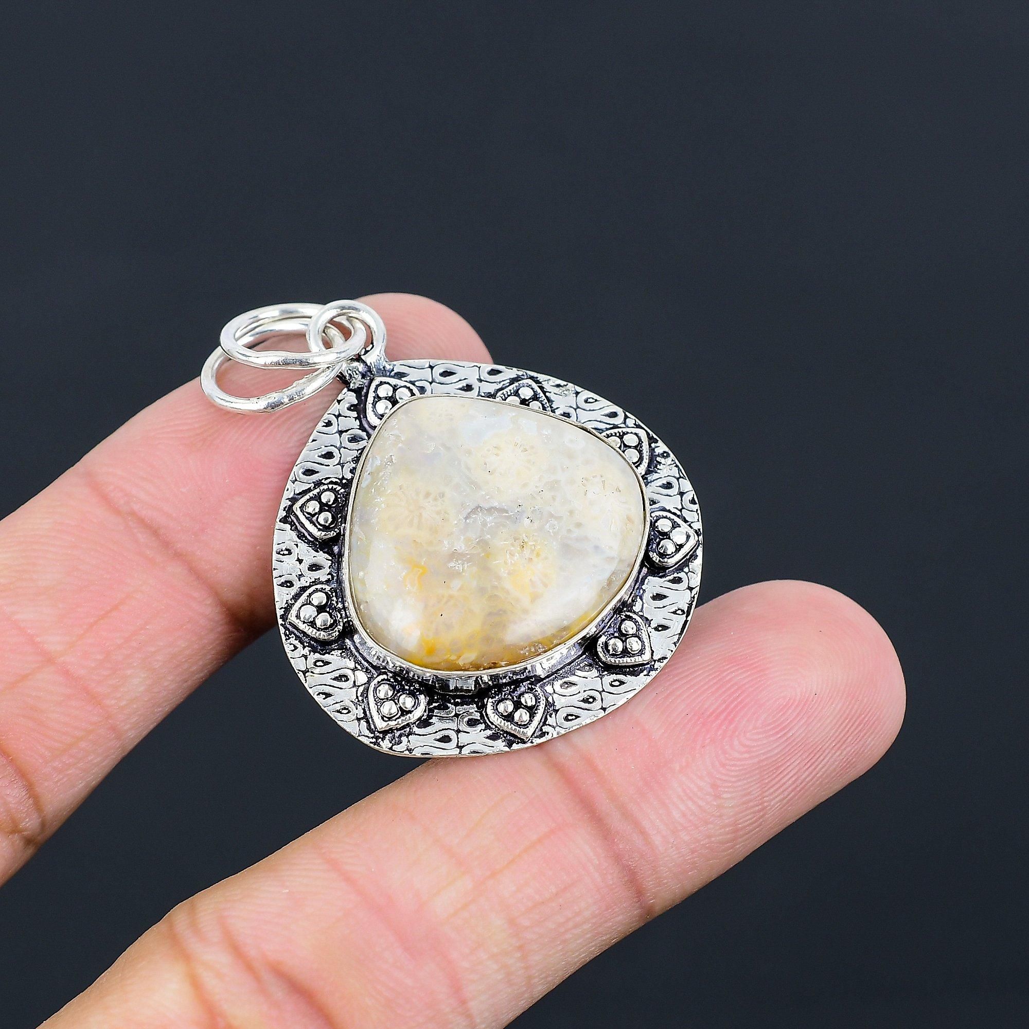 Friendship Day Deal Pear Fossil Coral Stone Daughter Birthday Pendant 925 Silver