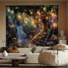 Verzauberter Wald mit leuchtenden Laternen Wasserfall und Pilzen Wandteppich 2D Flachdruck Fantasy Kunst Natur Dekor Boho Stil