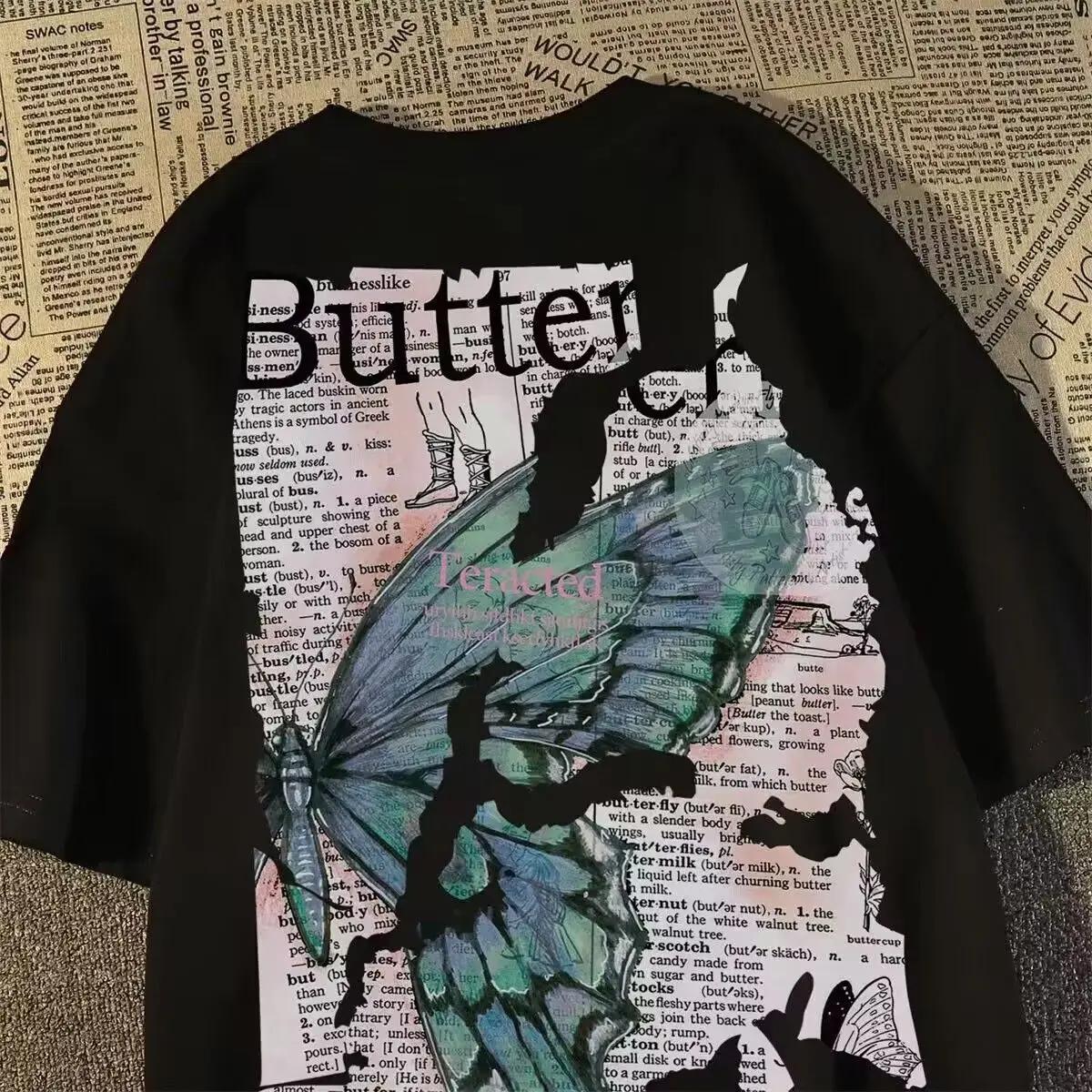 

American retro street butterfly print graphic T-shirt summer men and women loose fitting couple casual hip-hop short sleeves y2k 4XL