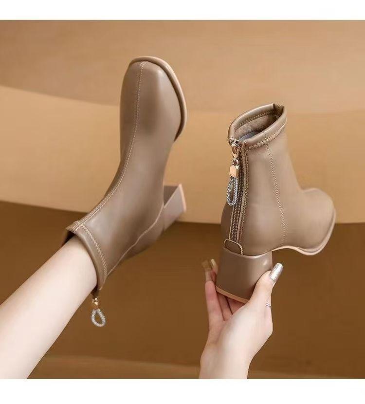 Women's French Soft Leather Ankle Boots, Velvet-Lined, Chunky Heel, Slim Fit, 2025 Autumn/Winter Collection