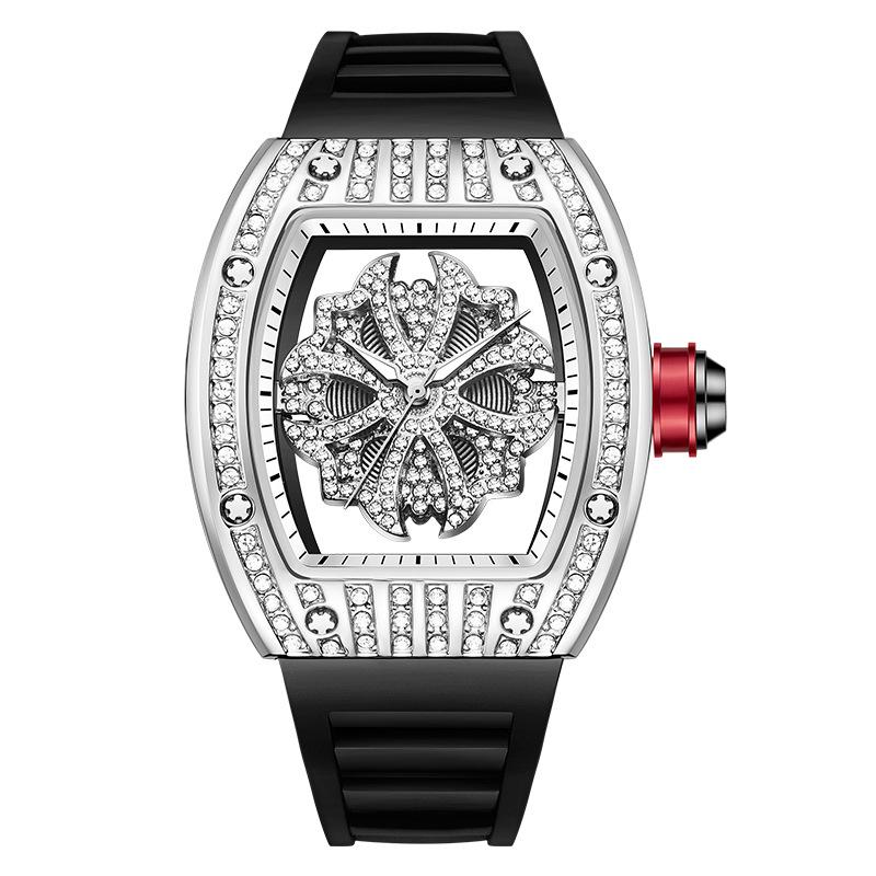Men s Diamond-Inlaid Barrel Watch with Skeleton Dial and Waterproof Silicone Strap серебряный