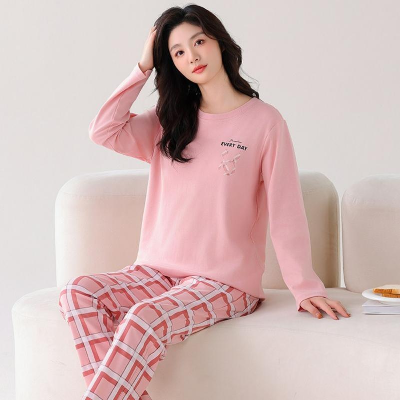Pure Cotton Pajamas Women's Autumn Long-sleeved with Chest Pads Women's Casual Loose Large Size Cotton Home Service Suit