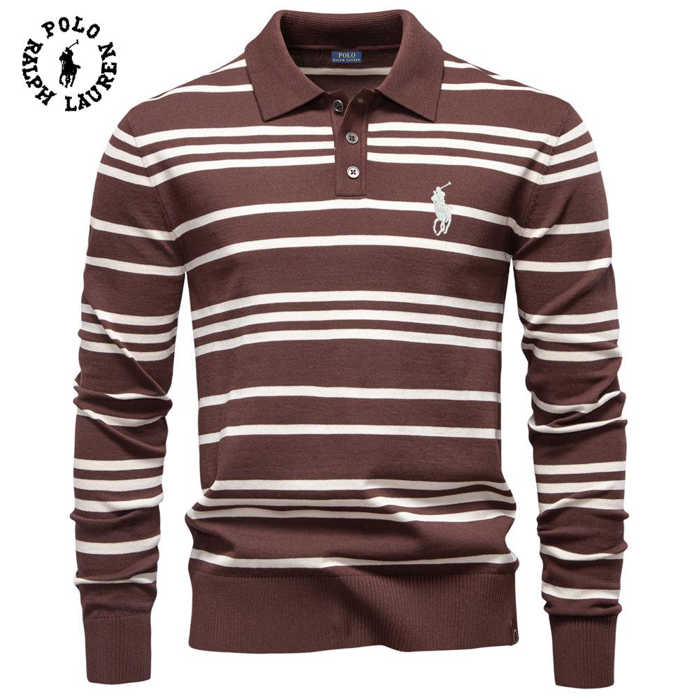 Polo Ralph Lauren 2025 Autumn/Winter Embroidery New Large Collar Men's Striped Sweater Polo Collar Knitted Sweater Men
