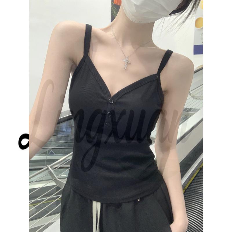 Summer Korean Style Slim Fit V-Neck Button Camisole S чёрный