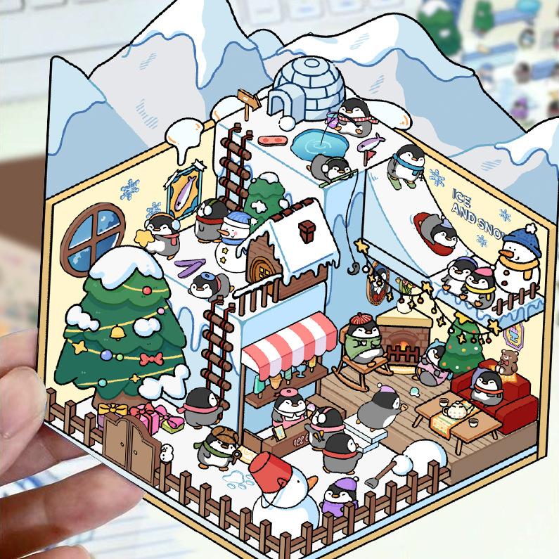 Kreslené krajinné samolepky Vícenásobný miniaturní svět 3D chata Rozbalit DIY scéna Ruční příspěvek