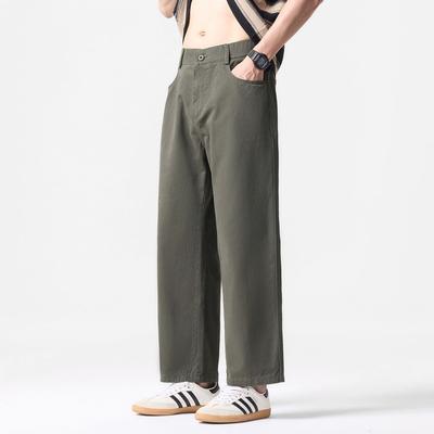 Solid Color Simple Trendy Brand Daily Commuting Pure Cotton Nine-point Pants Men's Trendy Fashion Loose Wide-leg Straight Casual Pants