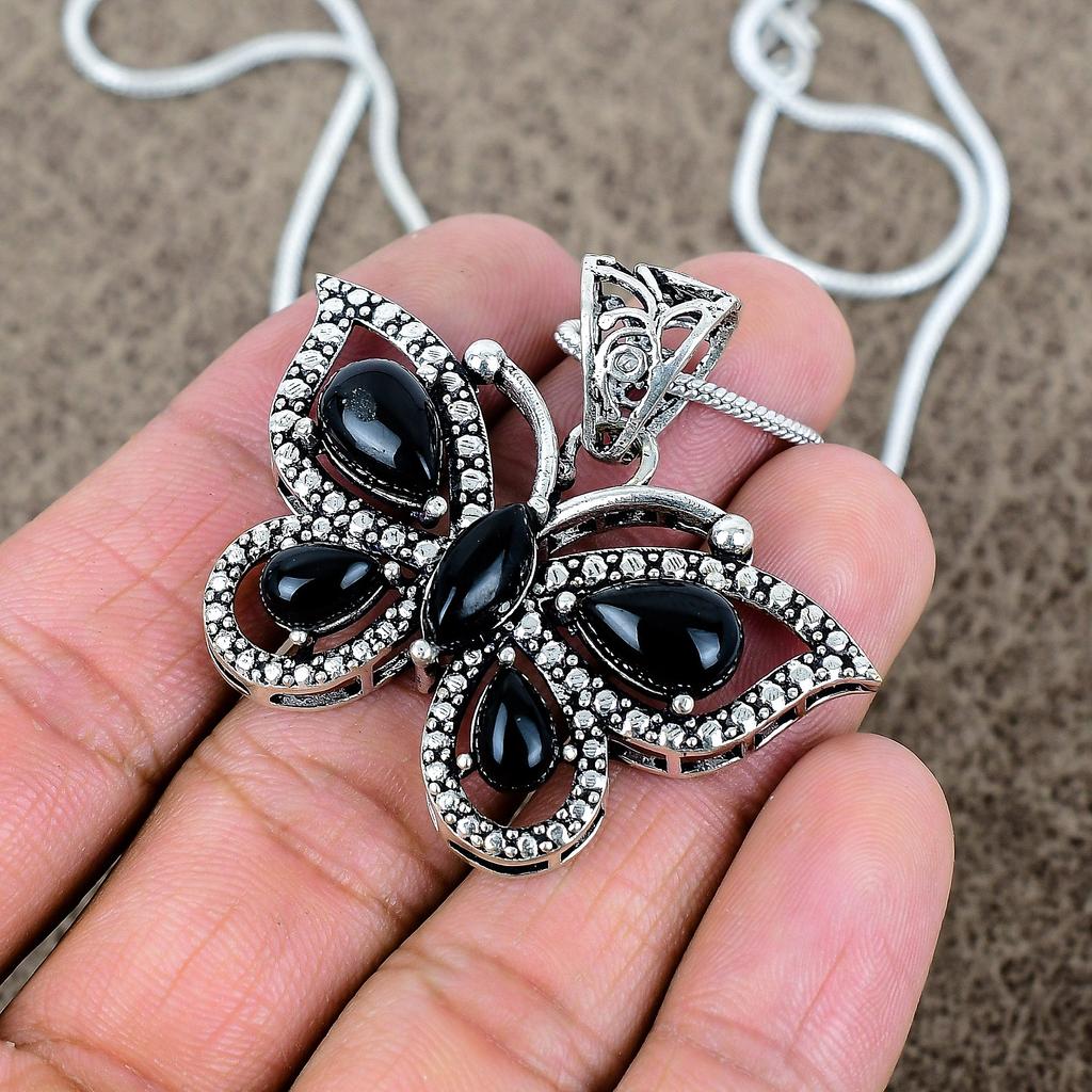 Black Onyx Gemstone Handmade 925 Sterling Silver Jewelry Pendant 1.65" KKG-295