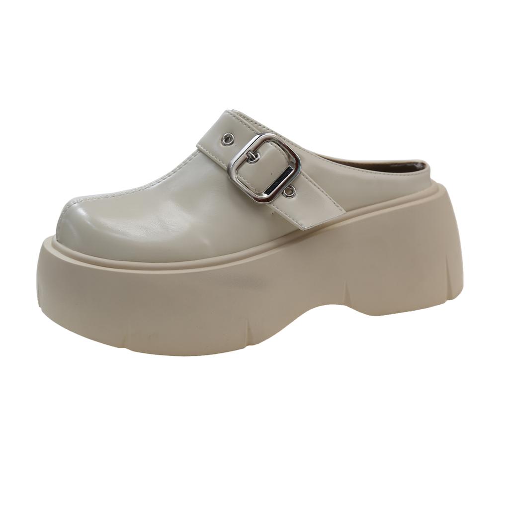 Fashion Baotou Slope Slippers Spring New Round Head Deep Mouth Rivets Metal Buckle Waterproof Platform Non-slip High Heels