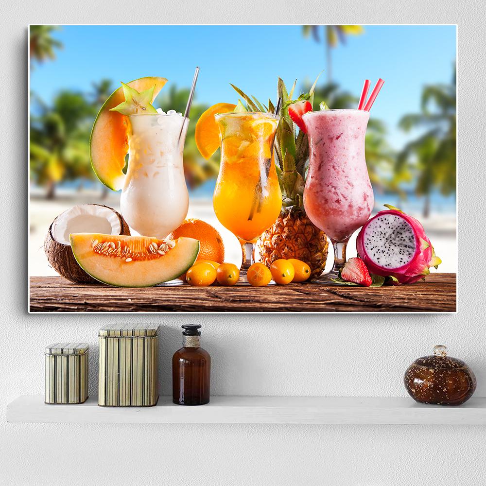 Modern Fresh Fruit Juices and Cocktails Canvas Painting Summer Sea Wall Picture Posters and Prints for Living Room Decor Cuadros