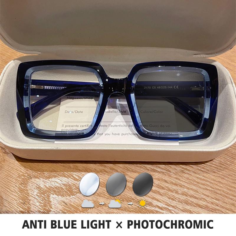 BLMUSA Square Photochromic Blue Light Blocking Large Frame Eyeglasses fashion Reading Glasses ladies Prescription Myopia Glasses