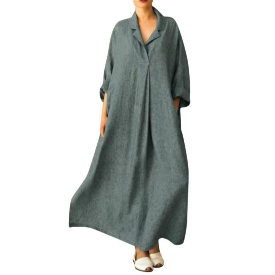 Outono Primavera Mulheres Maxi Vestido A-line Bainha Solta Mangas Compridas Decote V Plissado com Bolsos Laterais Pulôver Cor Pura Vestido de Uso Diário Bolsas