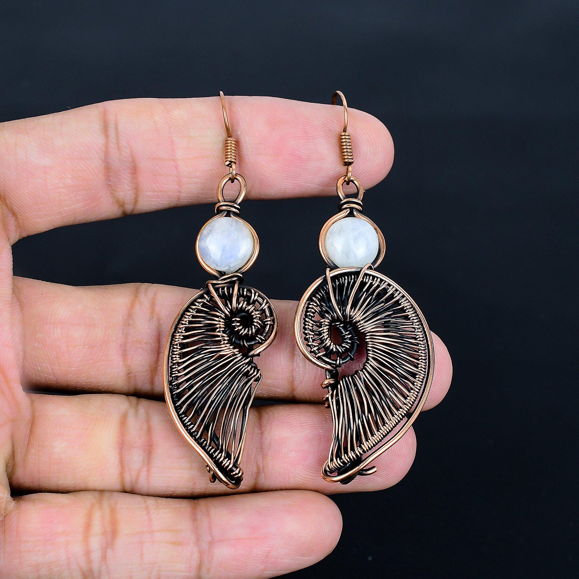 

Серьги из радужного лунного камня, ювелирные изделия из драгоценных камней, серьги, обернутые медной проволокой 999 пробы, красивые серьги ручной работы 2.55 Inches