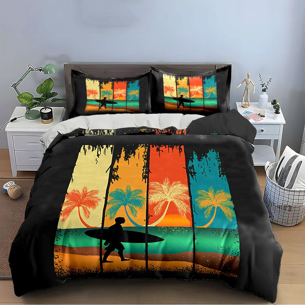 Surfer Sonnenuntergang Tropische Szene Bettwäsche Bettbezug Set Bettbezug Kissenbezüge (1*Bettbezug 2*Kissenbezüge, ohne Bettdecke)