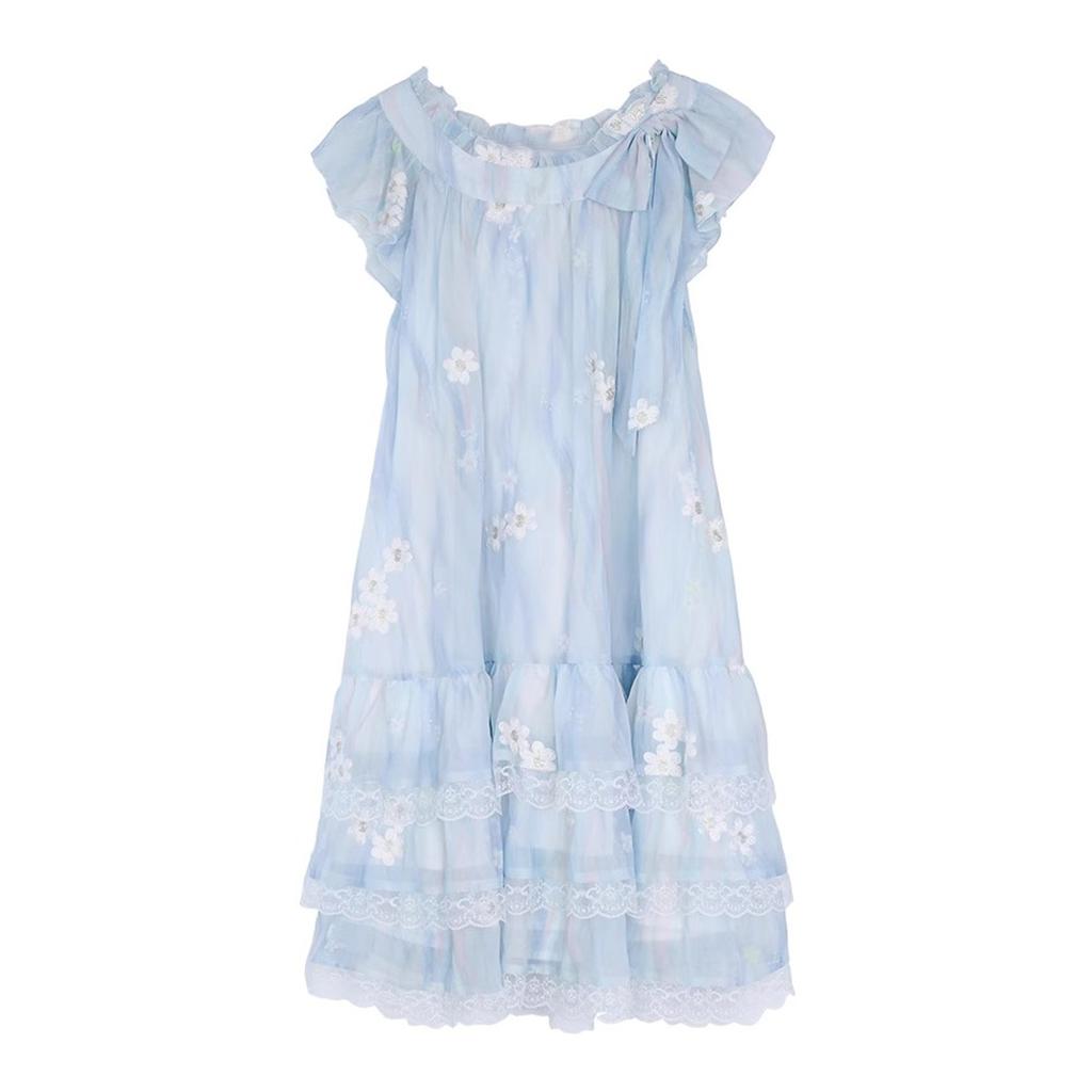 Seaside Vacation Wind Wave Design Short-sleeved Blue Dress Women's Summer New Super Good-looking Temperament Princess Short Dress