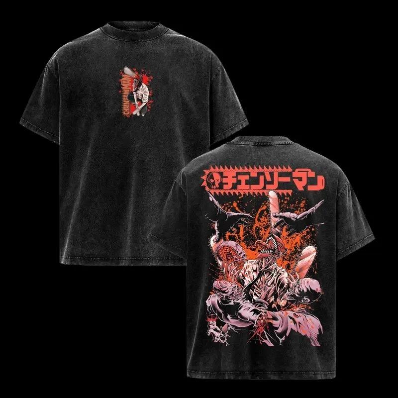 Washed Oversized Chainsaw Man Tee Shirt Men Women Cotton T-shirts Vintage Street Harajuku Male Short Sleeve Tshirt  Female Male Clothing