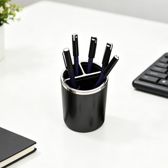 Xiaobudian Pen Holder, Cylindrical Design Pencil Holder with Silver Edge Decoration, 3-Compartment Desktop Organizer for Pens Paper Clips Makeup