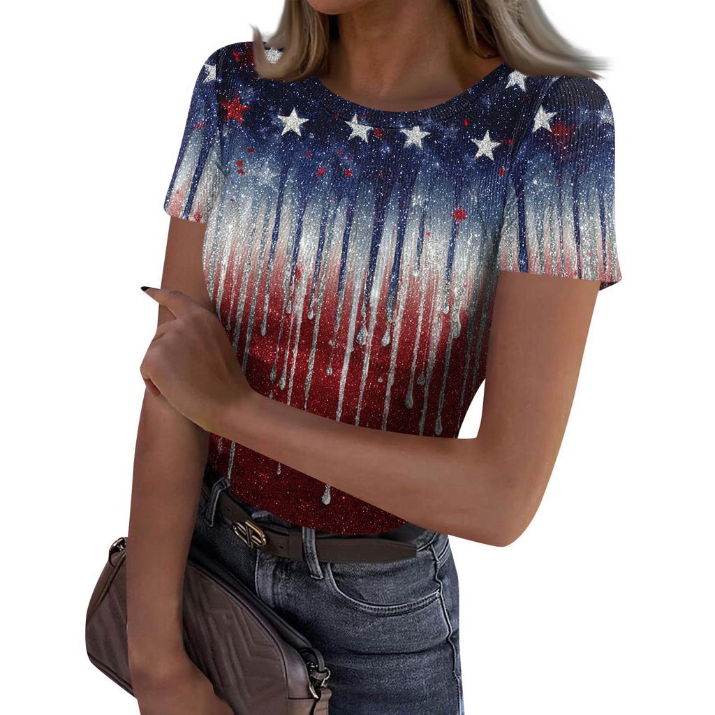 Women's Casual Fashion Round Neck Independence Day Print Short-Sleeve Ribbed Top