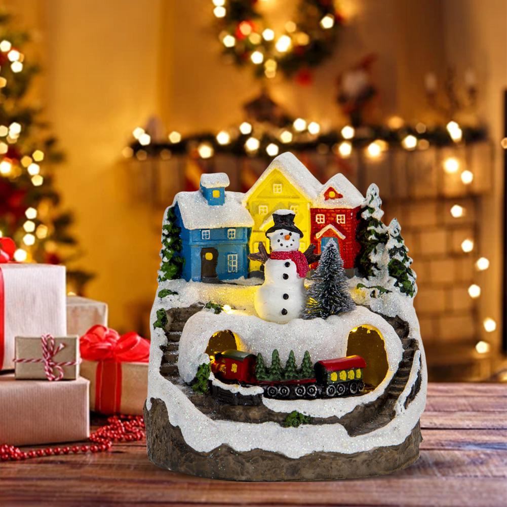 LED Christmas House Village House With Train LED Light Music Building Figurine Home Tabletop Decor Holiday Display