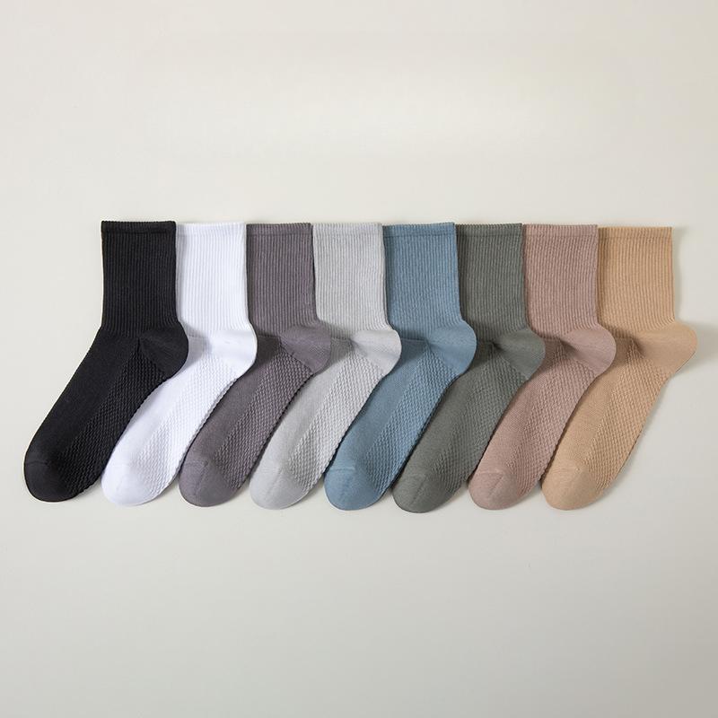 Men's Spring Mesh Mid-calf Socks Solid Color Massage Base Boneless Socks Antibacterial Men's High-top Cotton Socks