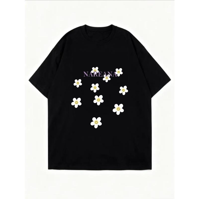 White Oversized T Shirt With Daisy Flowers And Nareana Text For Casual Wear