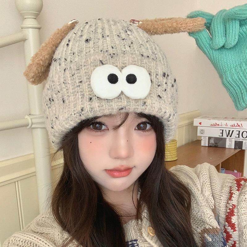 Cute Funny Big eyed Cartoon Hat for Women In Autumn and Winter New Warmth and Thick Knitted Pullover Hat Versatile Wool Hat