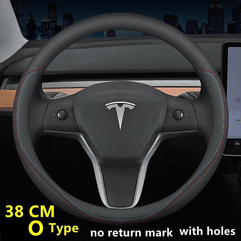 Nappa Leather Car Steering Wheel Cover For Tesla Model 3 Y S X 2019 - 2025 4 Seasons 36-38 CM Black Auto Interior Accessories