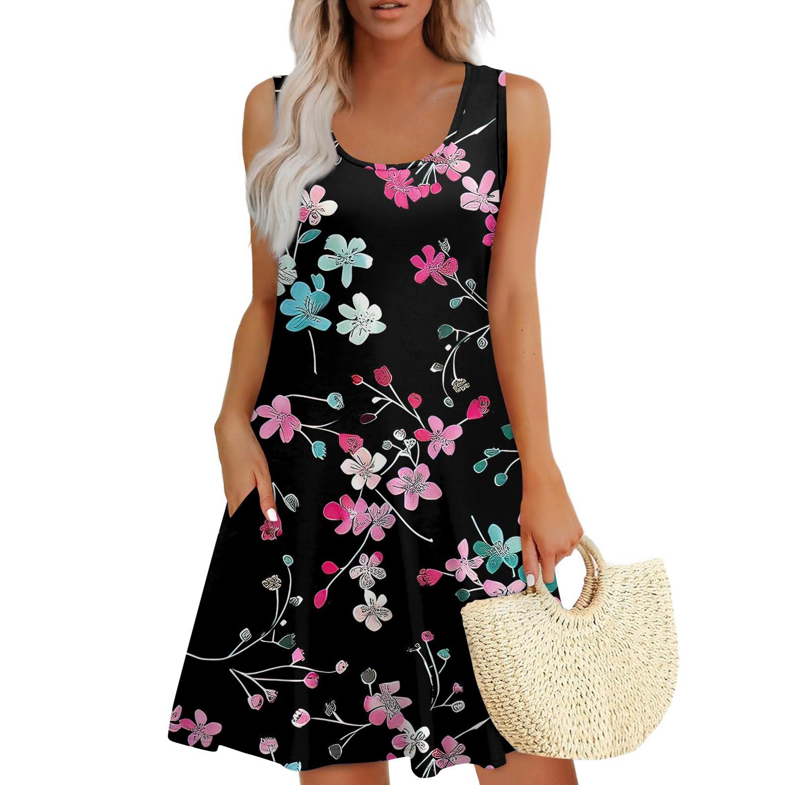 

Женское летнее повседневное платье с U-образным вырезом и цветочным принтом, платье без рукавов с карманами L чёрный