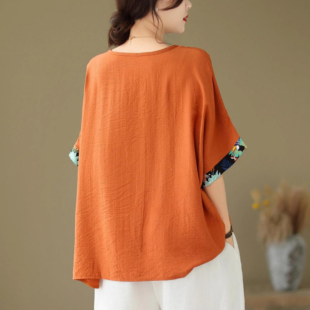 Vintage Print Patchwork Tops Summer Short Sleeve Irregular Loose Plus Size Casual T Shirts Fashion Elegant Women Clothing