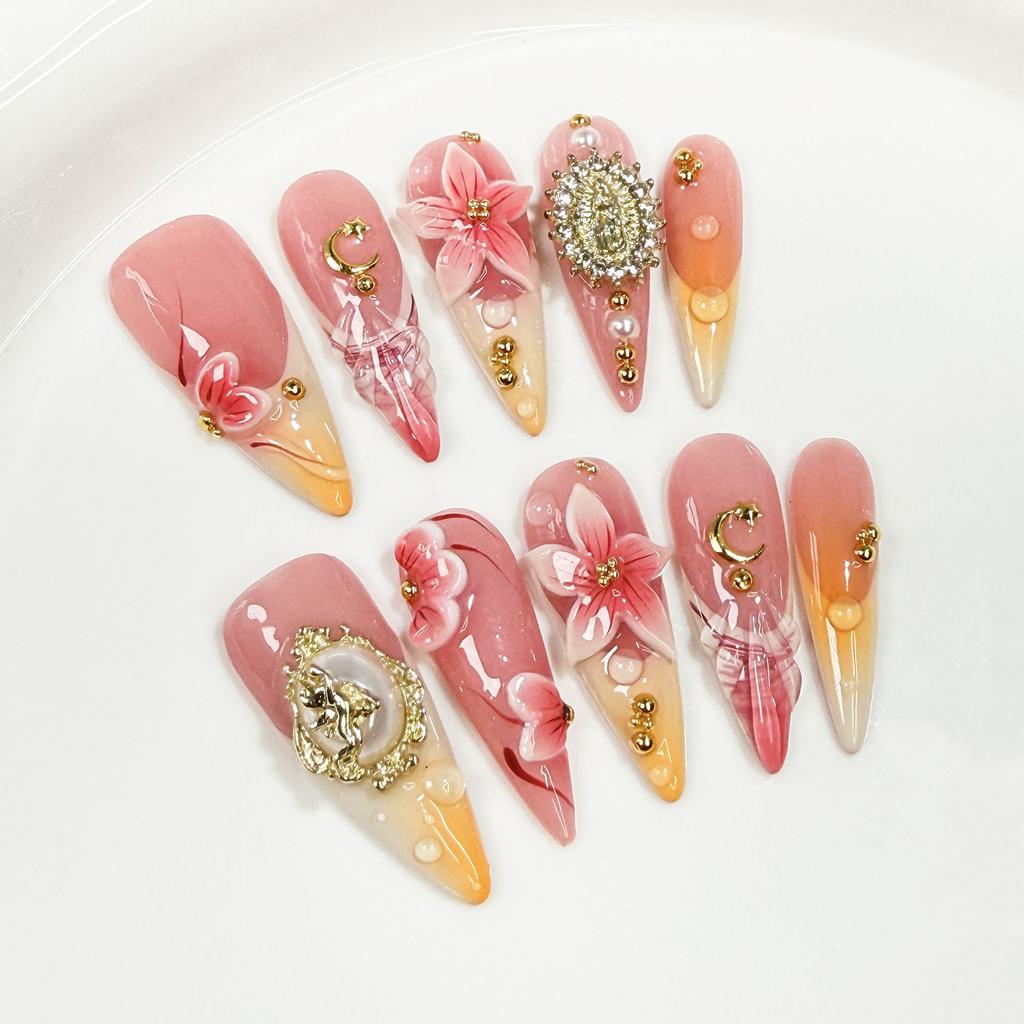 10Pcs Retro Long Stiletto Fake Nails Full Cover French Tip Gradient Flower Handmade Press On Manicure