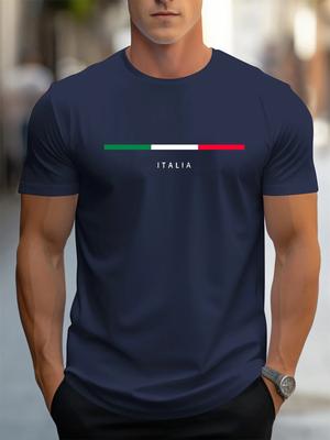 Men's Summer 100 Cotton Fashionable Casual Loose Plus ITALIA Pattern Printed Sports Round Neck Short Sleeved T-shirt top#Color