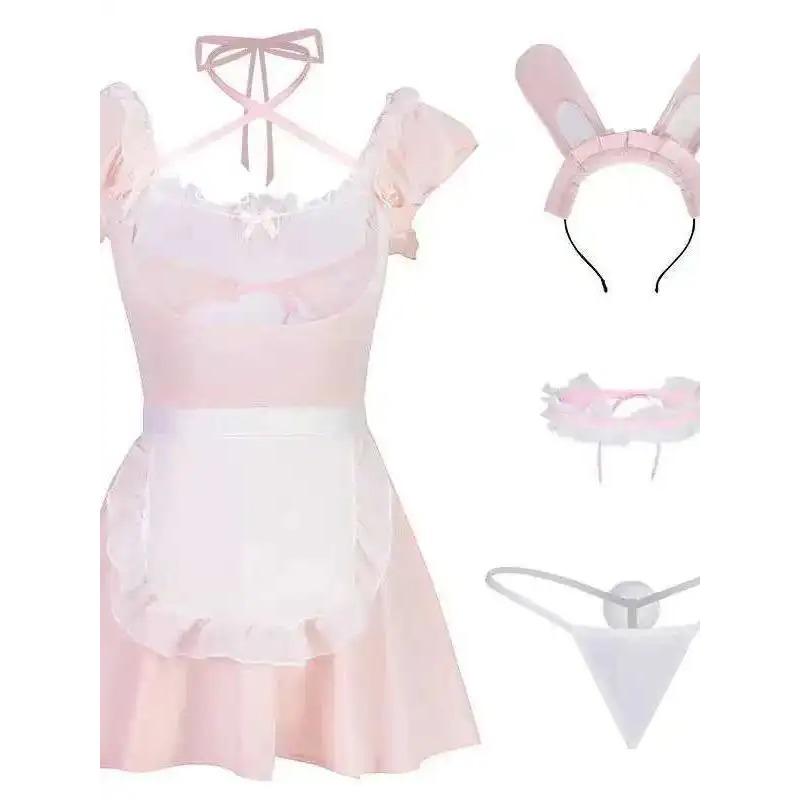 Erotic SM Mesh Sheer Pink Maid Tops Sexy Lace Suspender Bunny Girl Uniform Female Dress Elegant 2025 New Tops Korean IQI4