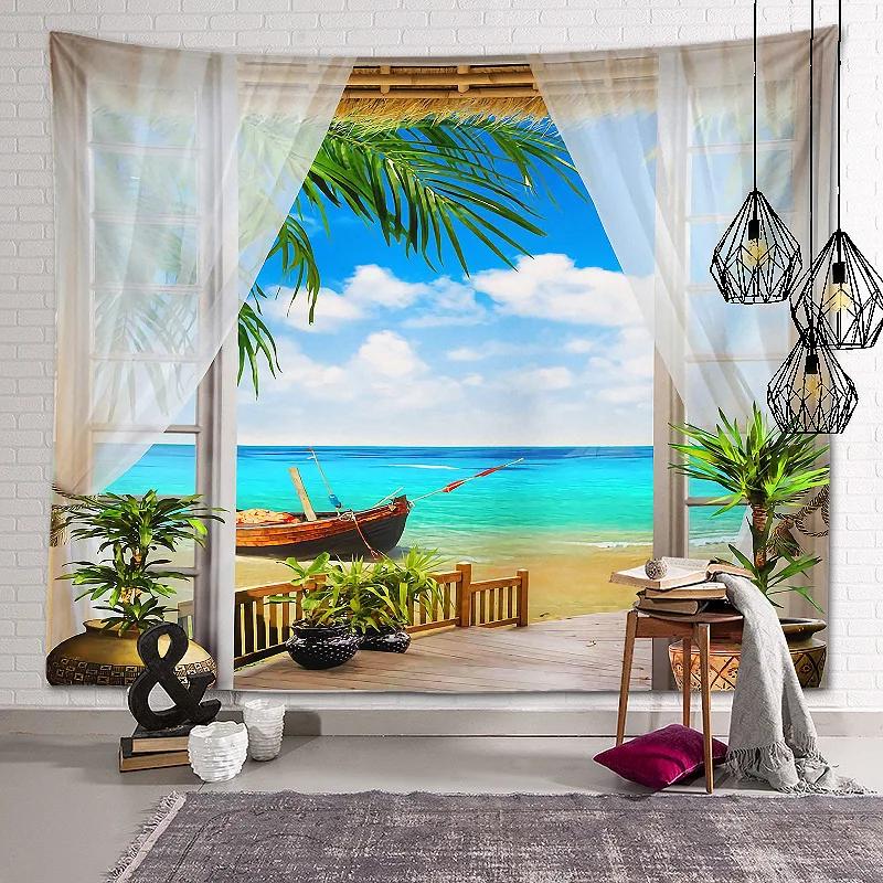 

Главная Спальня Гостиная Украшение Пейзаж Гобелен Настенный Отверстие в дереве Окно Красивый Зеленый Лес Фон Ткань 150x130cm