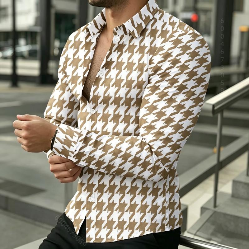 Men's Long Sleeved Shirt, Men's Retro Houndstooth Shirt, Black and White Contrasting Printed Fashionable Casual Men's Top
