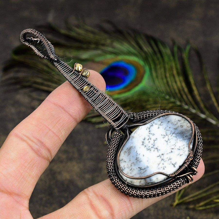 Natural Dendrite Opal Gemstone Handmade Copper Wire Wrap Pendant 4.14 A8t84