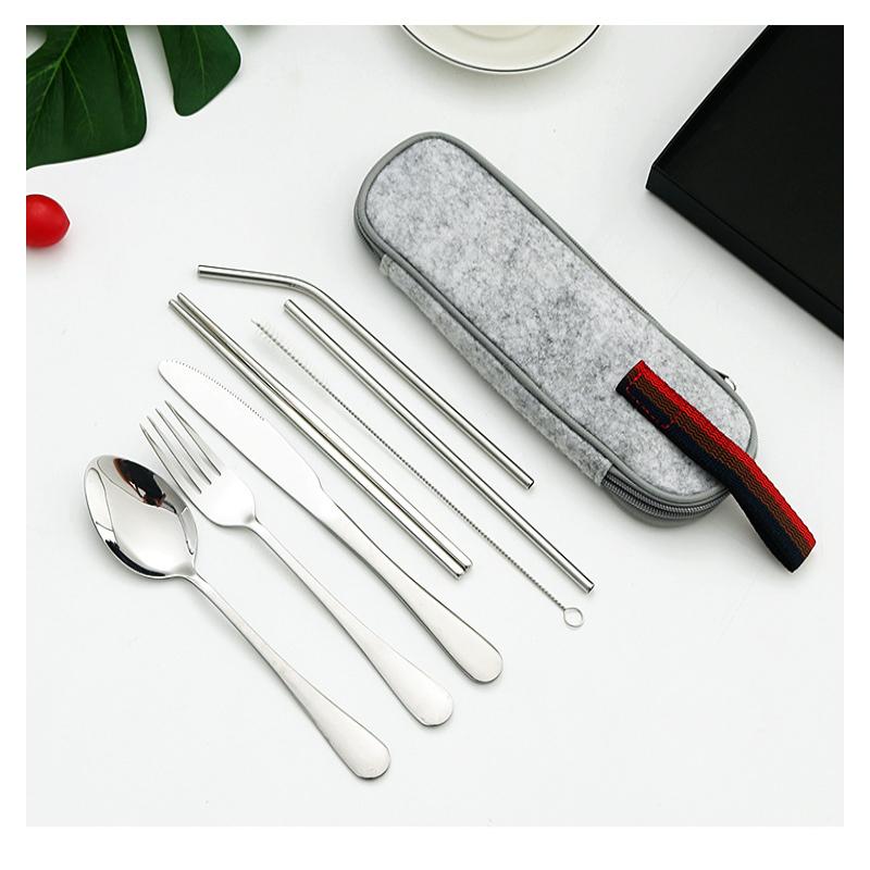 8Pcs Tableware Set Stainless Steel Spoon Fork Chopsticks Straw Cleaning Brush with Storage Case for Eco Friendly Outdoor Lunch