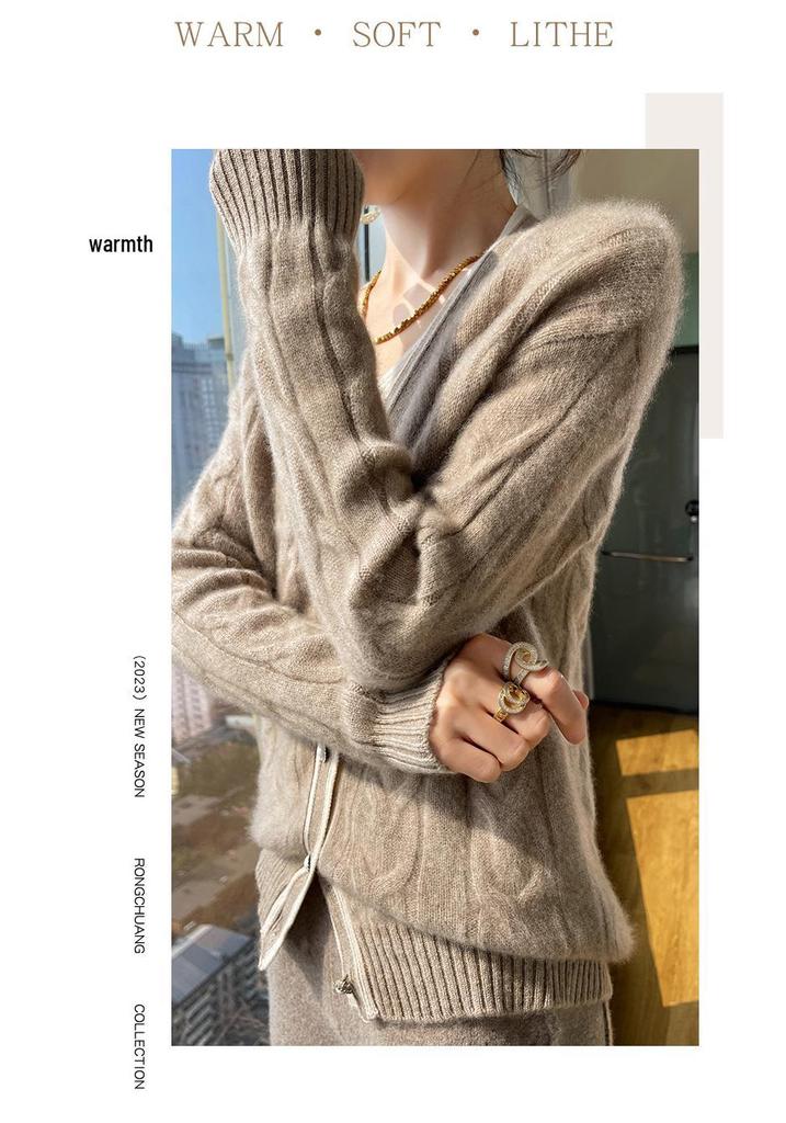 Women's V-Neck Cable Knit Wool Cardigan – New Autumn/Winter Color Block Cashmere Sweater Coat