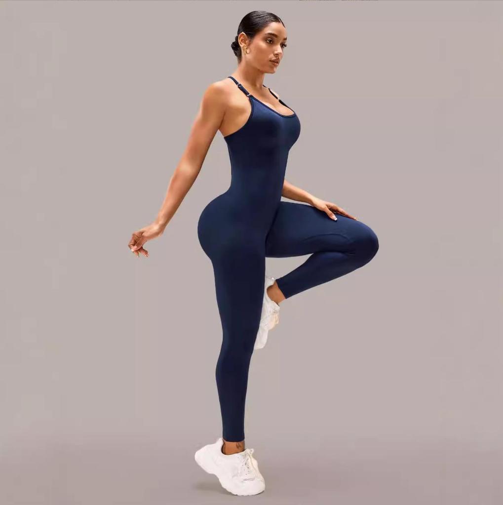 Butt-Lifting Padded Ribbed Sport Jumpsuit with Long Pants