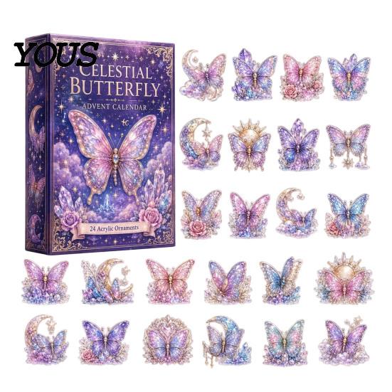 Regalo Collezionabile per Bambini Bellissime Farfalle Calendario dell'Avvento 2026, Scatola Conto alla Rovescia di 24 Giorni Costruzione dell'Attesa con Ornamenti a Farfalla in Acrilico 2D,