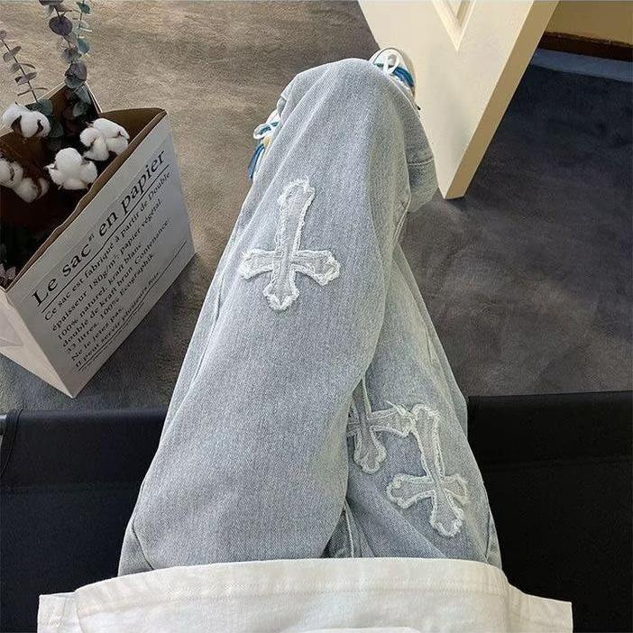 JYL Men's Straight Jeans  Cross Print Vintage High-Street Loose Denim Pants