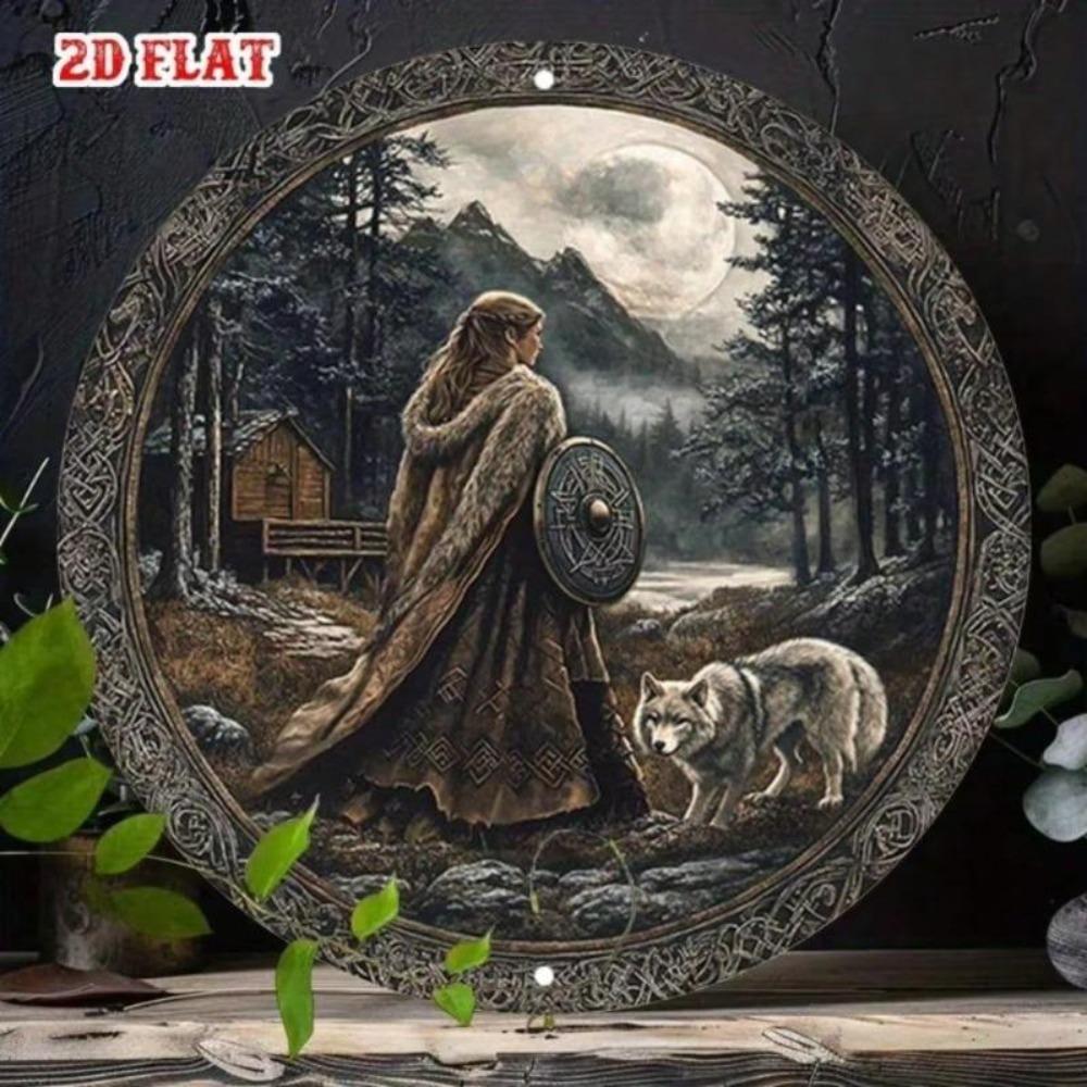 Nordic Style Aluminum Wall Art Round Viking Woman with Wolf Shield Metal Home Decor