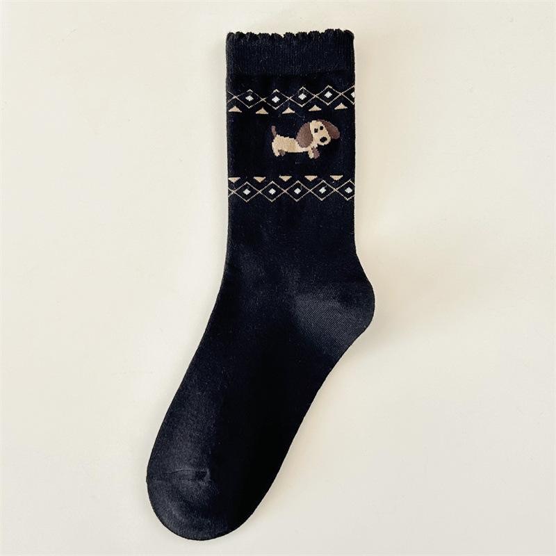 Puppy Boneless Socks Medium Tube Socks Cartoon Dog Cute Medium Tube Female Black