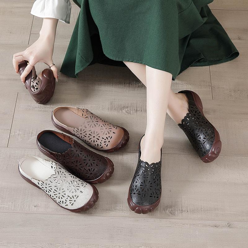 Neues Sommer Obermaterial Rindsleder Flache Sohle Rindsehnensohle Damenschuhe Lässige Leder Loch Atmungsaktive Slipper Lochschuhe