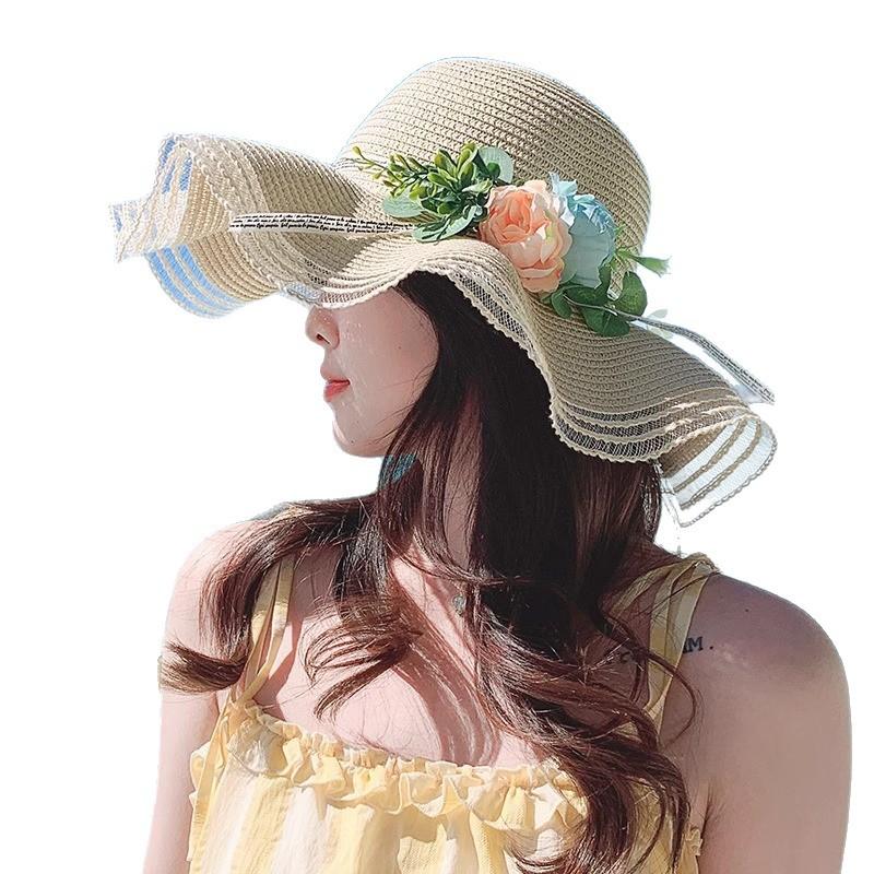 Fashionable Adult Simulation Flower Wave Straw Weaving Sun Protection Straw Hat Summer Versatile Seaside Big Brim Beach Sun Hat