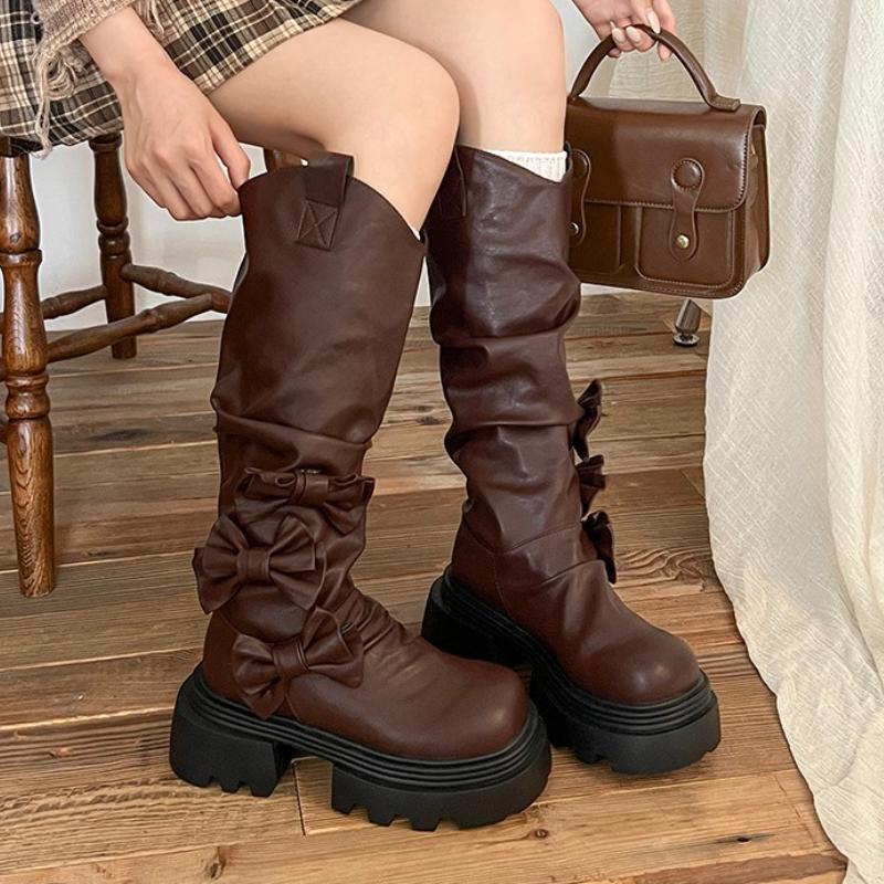 

Fashion Designer 2025 New Women High Boots Bow Pleated Heeled Shoes Platform Chunky Chelsea Boots Elegant Winter Knee High Botas Mujer 40 коричневый