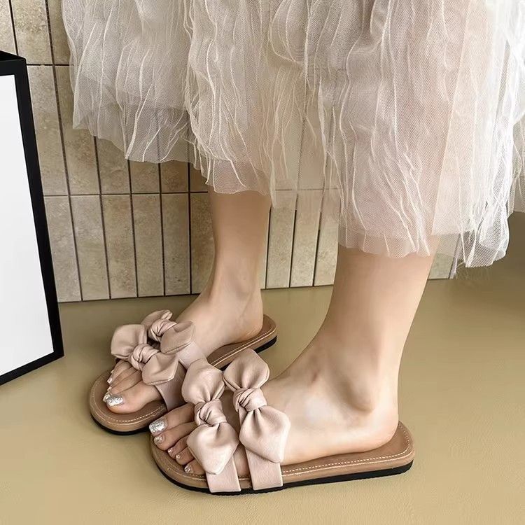 Versatile fairy with skirt beautiful one-word sandals 2025 new soft bottom bow slippers women's summer wear