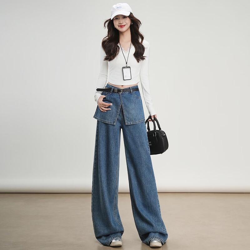 

Bailuyu Women s Faux Two-Piece High-Waist Straight Jeans L