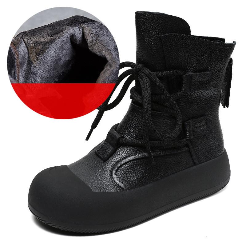 Johnature Handmade Vintage Mid-calf Boots Genuine Leather Women's Thick Soled Casual Versatile Short Boots